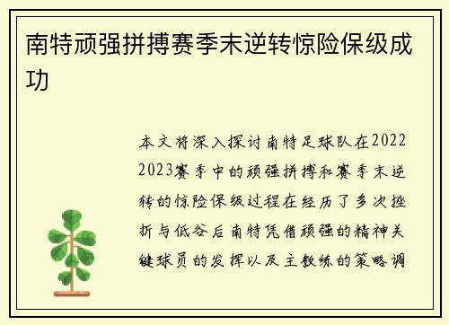 南特顽强拼搏赛季末逆转惊险保级成功 南特顽强拼搏赛季末逆转惊险保级成功